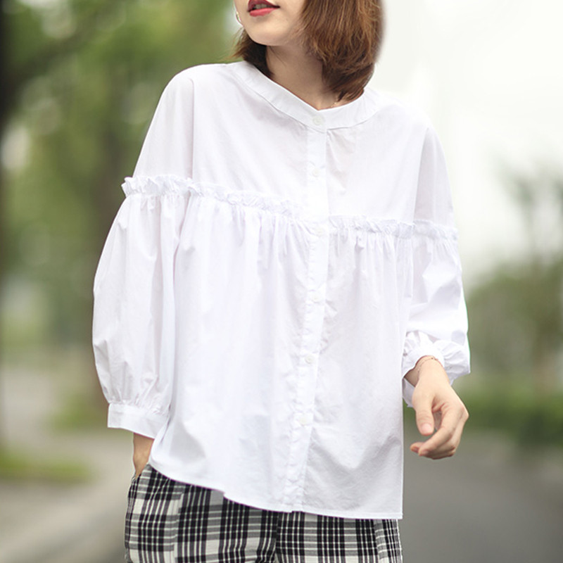 

Johnature Women Casual Cotton Solid Color Ruffles Shirts Full Sleeve Tops O-neck Blouses Spring Button Mori Girl Shirts 210521, Black