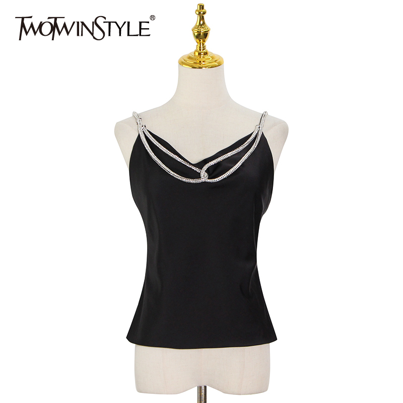 

Sexy Black Patchwork Chain For Women V Neck Sleeveless Lace Up Bowknot Camis Female Summer Fashion Clothes 210524