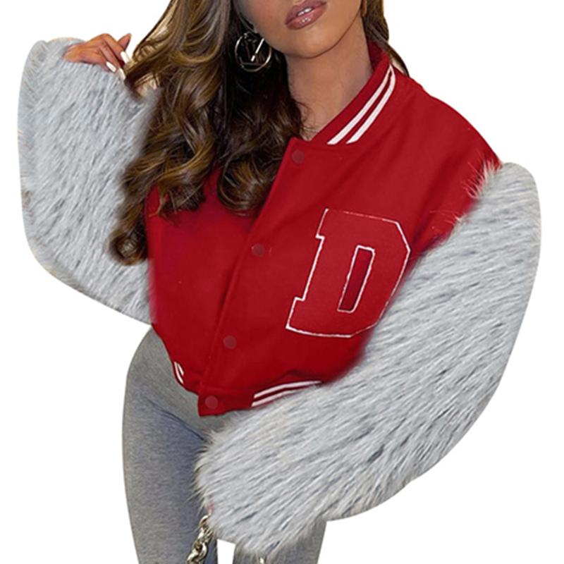 

Women' Jackets Spring Autumn Casual Y2K Loose With Long Fur Stitching Sleeves Letter Press Button Closure Baseball Uniform Coat