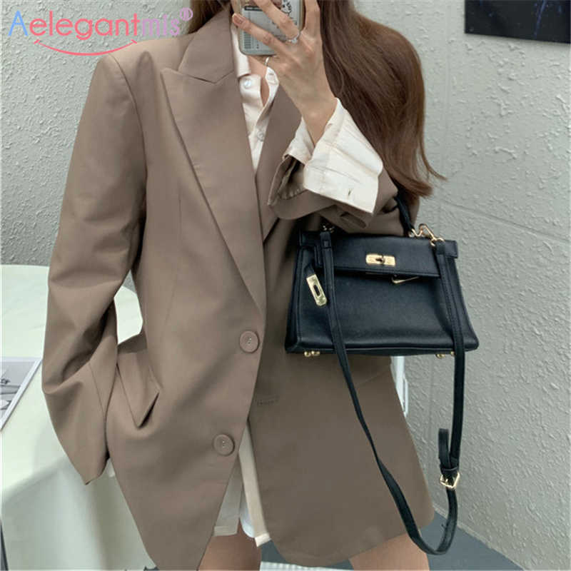 

Aelegantmis Office Lady Vintage Khaki Blazer Jacket Women Loose Casual Korean Female OL Retro Soft Coat Daily Simple 210607