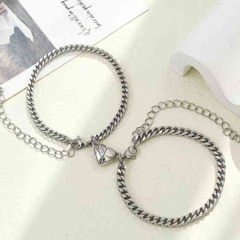 

2pcs/set Heart Shaped Magnet Attraction Bracelet for Couples Stainless Steel Cuba Chain Men's and Women's Charm Jewelry Gifts