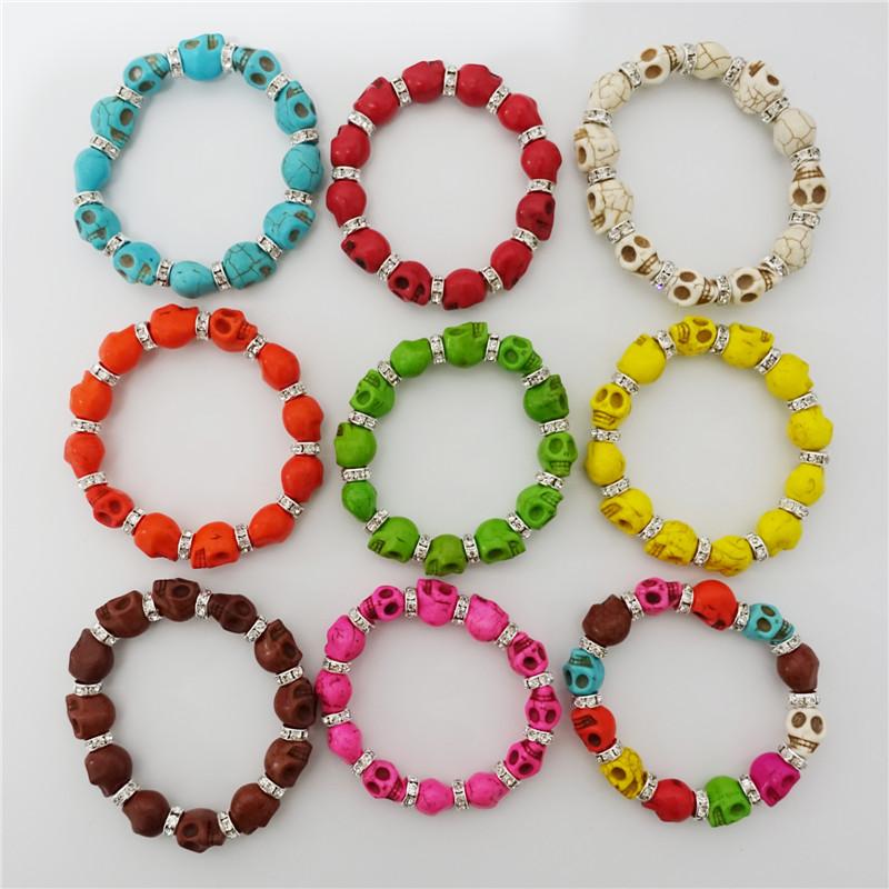 

Charm Bracelets Mix Colors Nature Stone Skull Bracelet With Rhinestone Adult Jewelry Wholesale