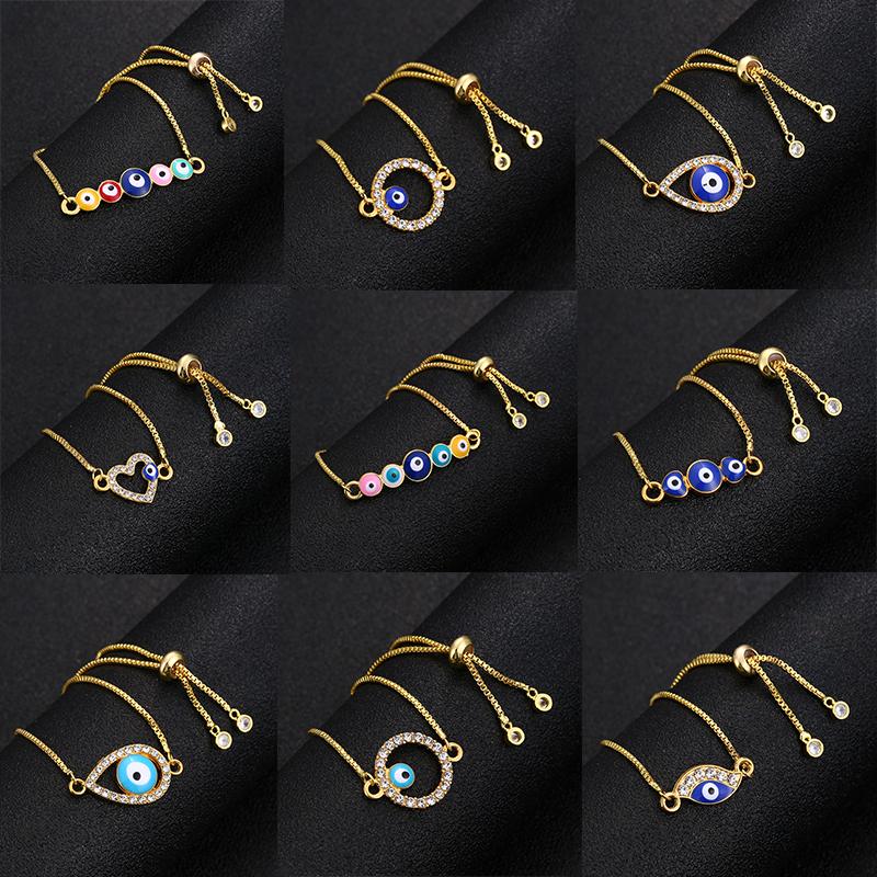 

Charm Bracelets Classic Trendy Turkish Gold Evil Eye Bracelet Pave Blue Chain Adjustable Female Party Jewelry