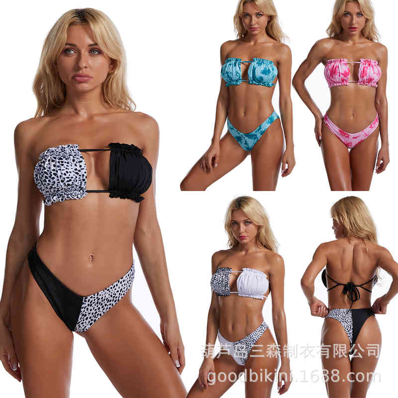 Bikini 2021 Women&#039;s Sexy Leopard Print Color Matching Split Triangle Bra Swimsuit-image-673928434