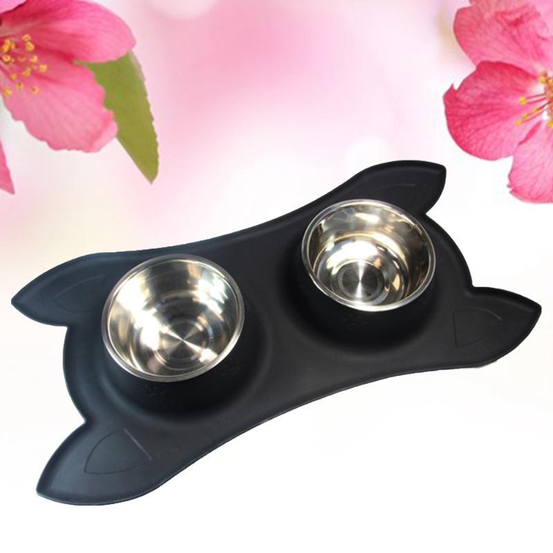 

Cat Bowls & Feeders Dual Stainless Steel Dog Bowl Pet Water Food Feeder (Black)
