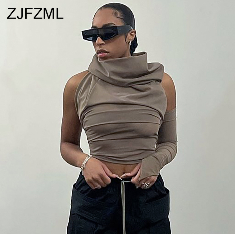 

Sexy One Sleeve Solid Crop Tops For Women Casual Shoulder Backless T Shirts Elegant Hooded Hoodie Bodycon Outfits Dropshipping, Black