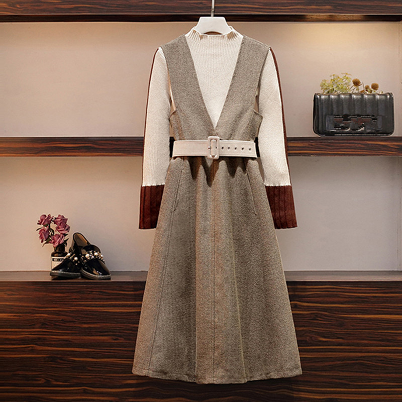 

Plus Size Women V-neck Woolen Vest A-line Mid Dress Sets Fall Winter Elegant Hit color Sweater 2 Piece Set 210525, Sweater and dress
