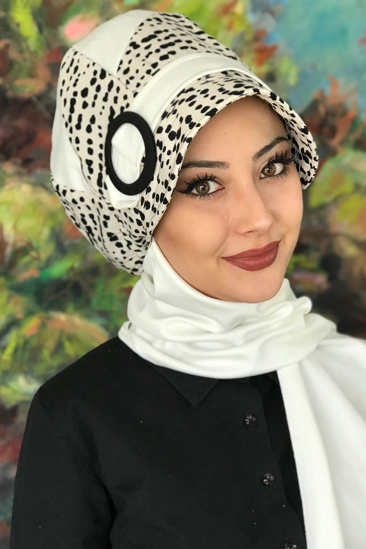 

New Fashion 2021 Islamic Headscarf Turban Womans Hat Spring Summer Scarf Black Spotted Buckle Passionflower White Scarf Hat