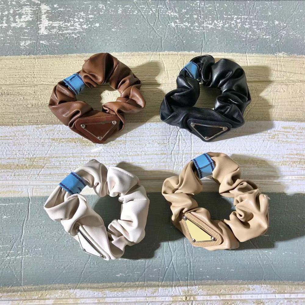 

Vintage Inverted Triangle Letter P Leather Hair Tie Women's Trendy Rubber Band Headwear with Blue Label