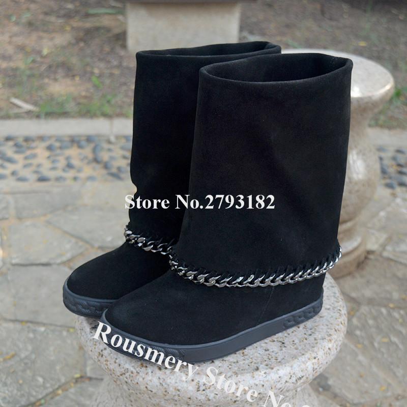 

Boots Women Round Toe Suede Leather Wedge Short Black Folded Metal Chains Height Increased Winter, Thin heels