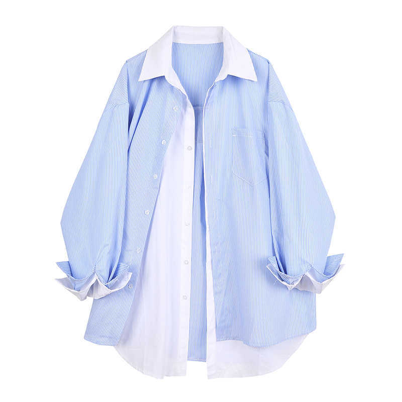 

Fake Two-piece Shirt Full Autumn Design Striped Patchwork Casual Blouse Women 210615, Blue