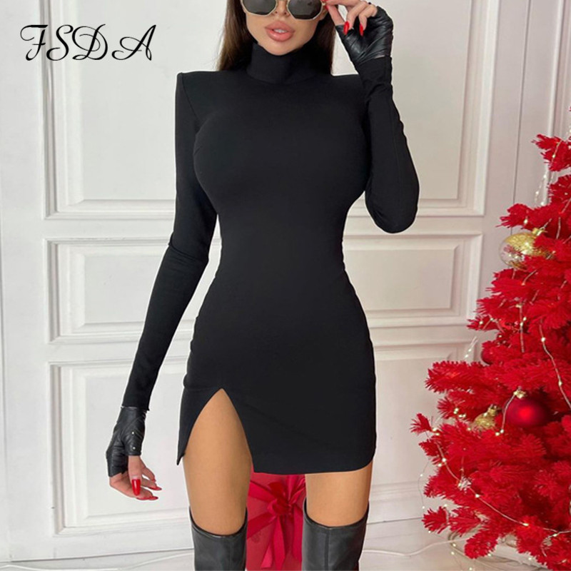 

2021black turtleneck long sleeve dress women bodycon autumn winter casual 2021 club basic mini dresses party, Black;gray