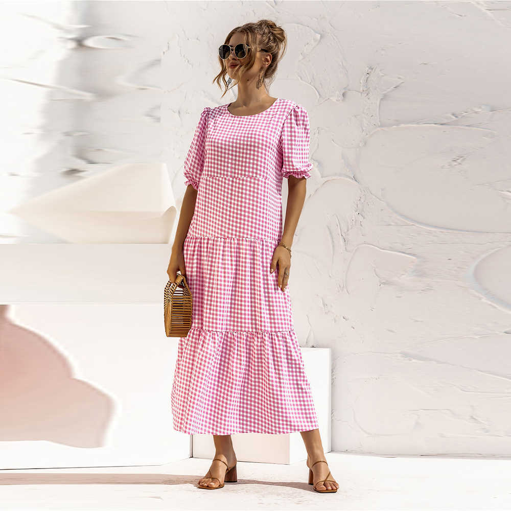 

Summer Plaid Polka Dot Print Maxi Dress Women Elegant O Neck Short Puff Sleeve Ruffles Beach Party es Vintage Vestido 210526, Khaki dot