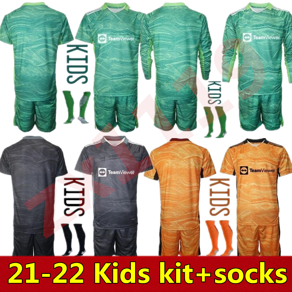 

2021 2022 children Soccer Jerseys 1 DE GEA 26 HENDERSON long sleeves kids kit soccers shirt 21 22 Goalkeeper boys youth Football uniforms, As pic