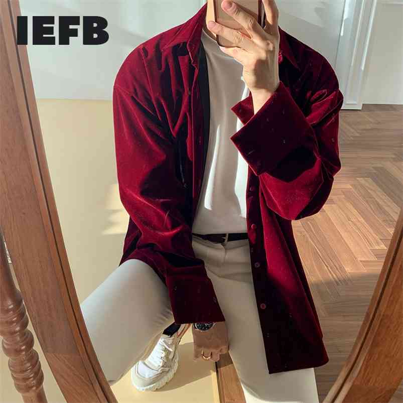 

IEFB / Men's Wear Spring Autumn Warm Velvet Shirt Long Sleeve Casual Tops Korean Fashion Streetwear Clothes Male Lapel Y4242 210721, Wine