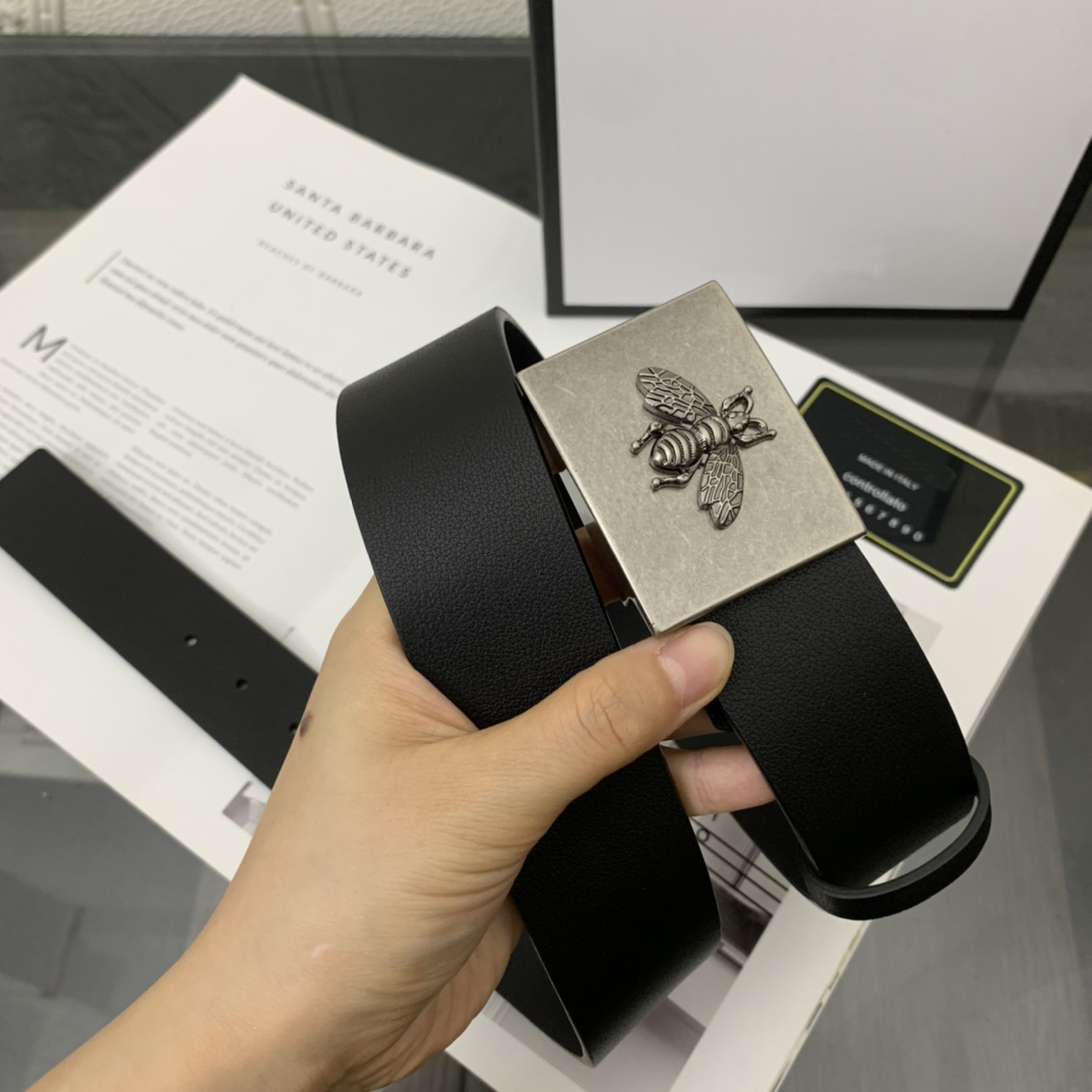 

Men's belt leather width 38mm small bee luxury designer smooth buckle black frame dustproof gift bag #VZ95-125cm, Golden buckle