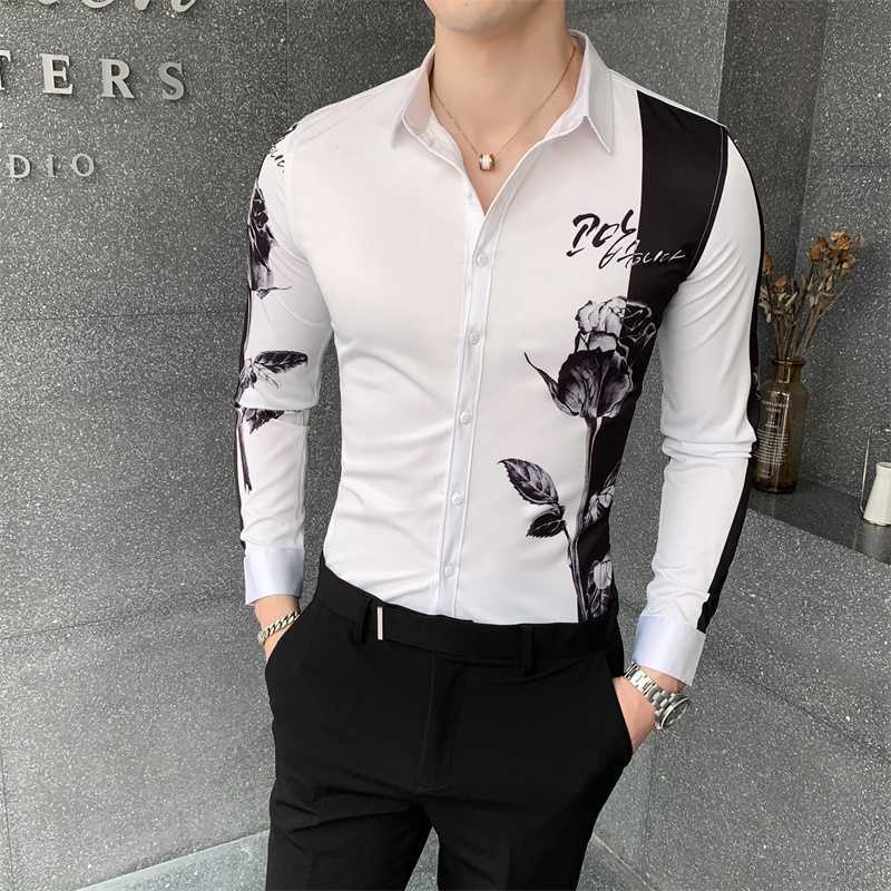 

Fashion Patchwork Color Shirt Men Slim Fit Autumn Long Sleeve Shirts Men All Match Digital Print Blouse Men Clothing 210628, Black