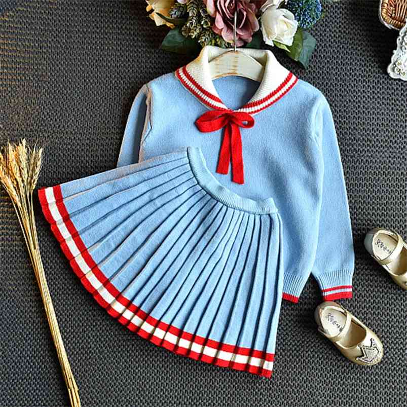 

Arrivals Summer Children Sets Long Sleeve Bow Coat Patchwork Pleated Skirt Cute 2Pcs Girls Clothes 2-7T 210629, Blue
