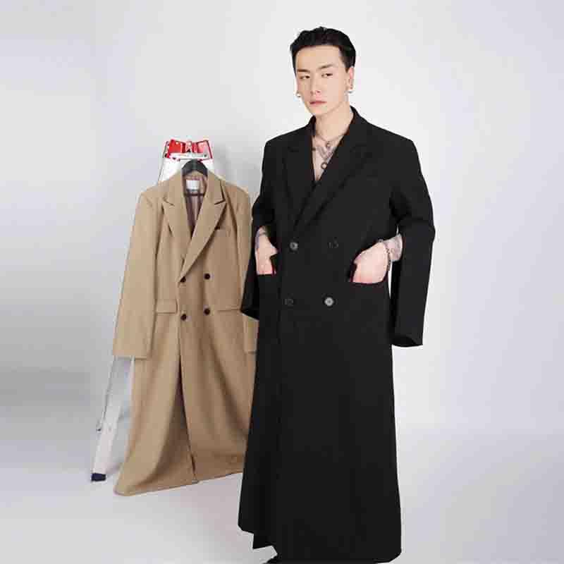 

Men's Trench Coats Zipper Open Sleeve Show Loose Wide Double Breasted Long Coat, Black