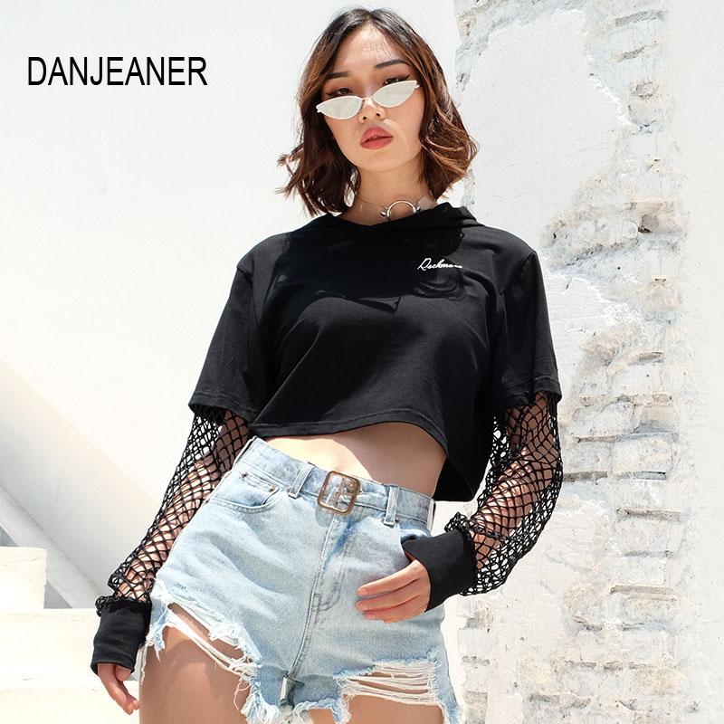 

Women' Hoodies & Sweatshirts DANJEANER Letters Printed Black Mesh Patchwork Short Sexy Long Sleeve Crop Tops Pullovers Women