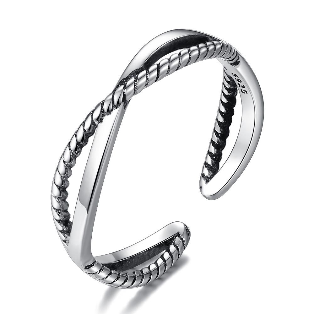 

S925 Silver Antique Band Rings Fashion Crossed Adjustable Women Jewelry