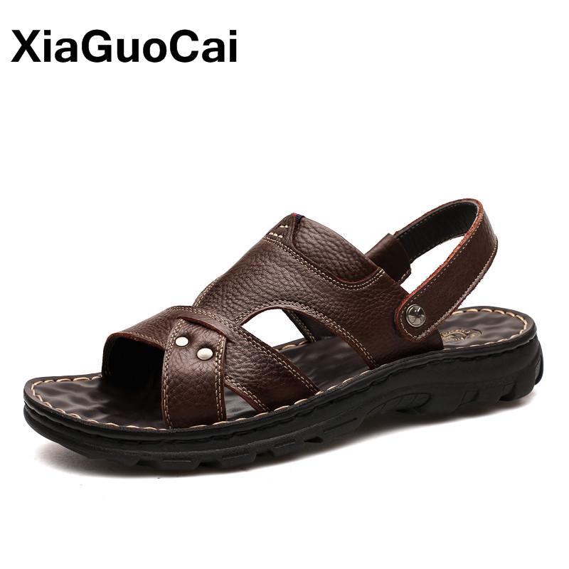 

Sandals Message Summer Men Slippers Two Uses Casual Male Beach Shoes Genuine Leather Non-slip Flat Mules Comfortable Fashion, Black