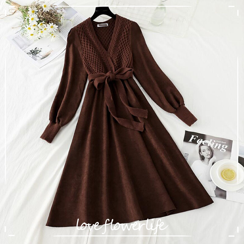 

Autumn Winter Women Corduroy Dress Long sleeve V-neck Twist Knitted Patchwork Dresses Elegant A-line Knee-length Dress 210521, Black