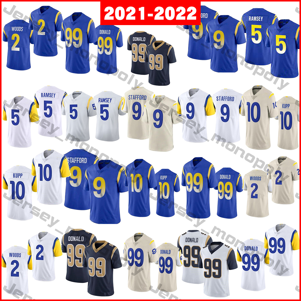 

2021-2022 Football Jerseys 2 robert woods 5 Jalen Ramsey 9 Matthew Stafford 10 Cooper Kupp 99 Aaron Donald, As