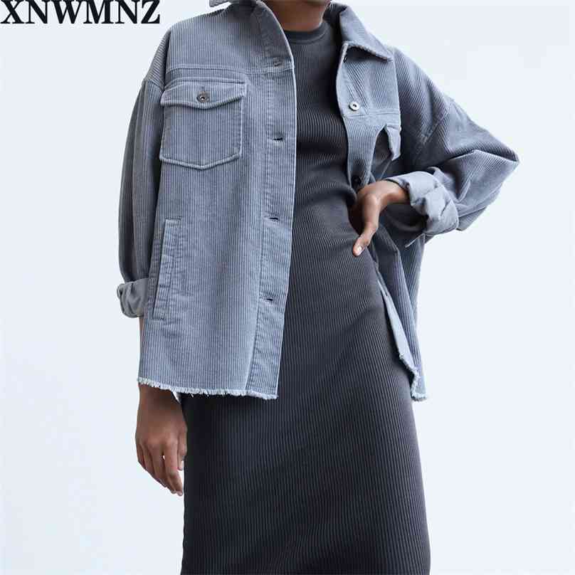

Women Chic Fashion corduroy overshirt Spring Autumn Collared long sleeves welt pockets frayed hem Female tops 210520, Blue gray
