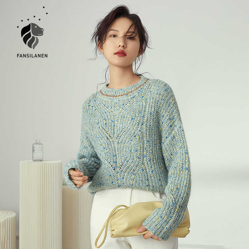 

FANSILANEN Hollow out polka dot knitted sweater Women autumn winter casual yellow pullover Female oversize vintage blue jumper 210607