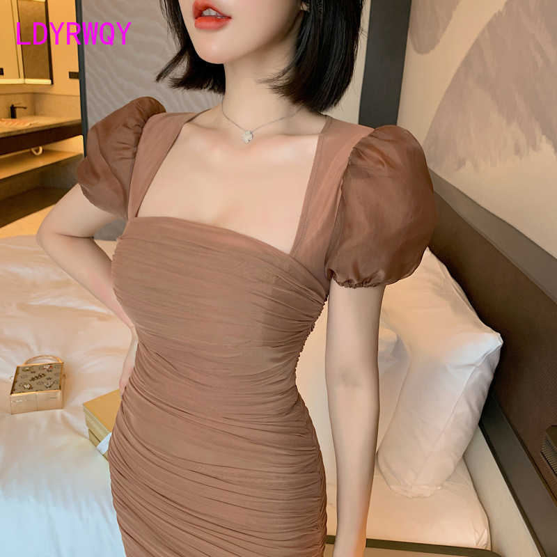

Summer dress women's European and American sexy bubble short-sleeved cover meat was thin package hip 210603, Khaki