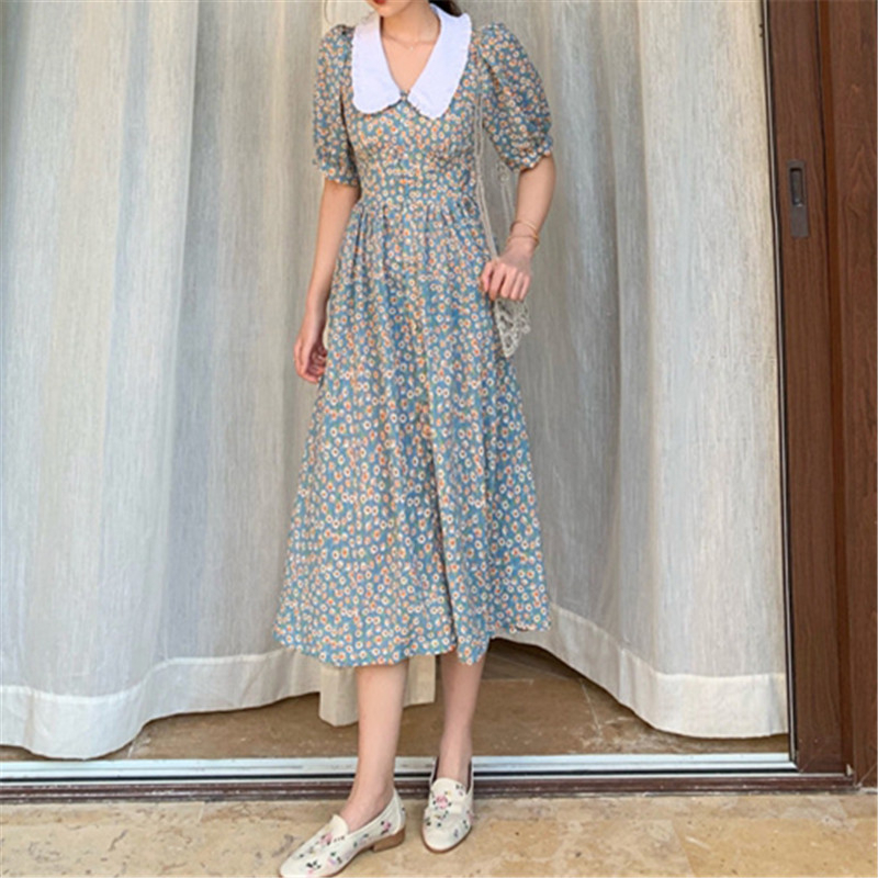 

2021women chiffon dress 2021 summer fashion female puff sleeve vintage floral print peter pan collar boho dress casual vestidos, Black;gray