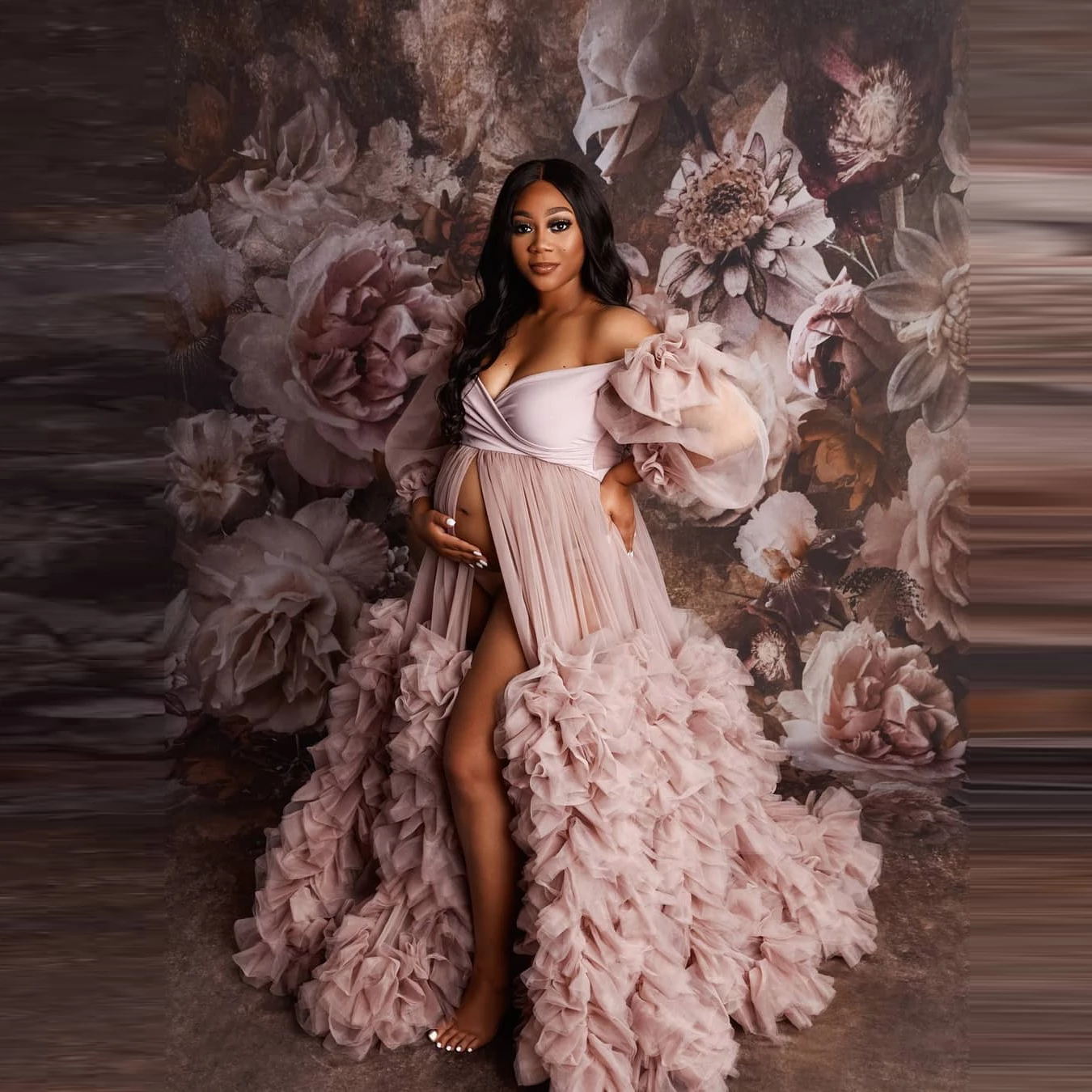 

Ruffle Front Split Kimono Women Dresses Robe for Photoshoot Extra Puffy Sleeves Prom Gowns African Cape Cloak Maternity Dress Photography, Pink