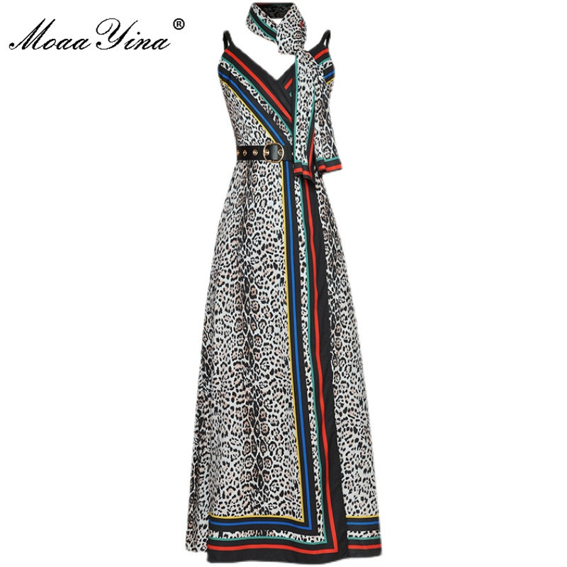 

Fashion Designer Summer Long Chiffon Dress Women's Party Vintage Gray Leopard Printed Sexy Spaghetti Strap 210524