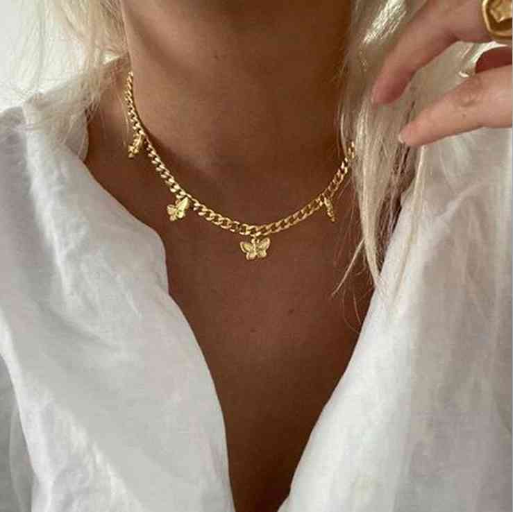 

Punk Cuban Link Chains Butterfly Pendant Choker Necklace for Women Gold Color Statement Neck Jewelry chocker collier femme X0509