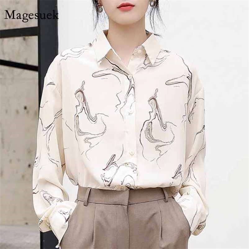 

Loose Autumn Chiffon Blouse Puff Sleeve Women Single Breasted Shirts Casual Printed Long Tops and 11459 210518, Picture