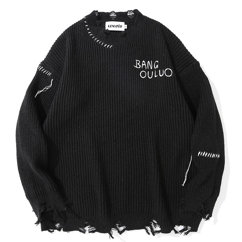

Men's Sweaters 2021 Men Hip Hop Knitted Jumper Destroy Ripped Striped Streetwear Harajuku Autumn Oversize Casual Pullovers, White;black