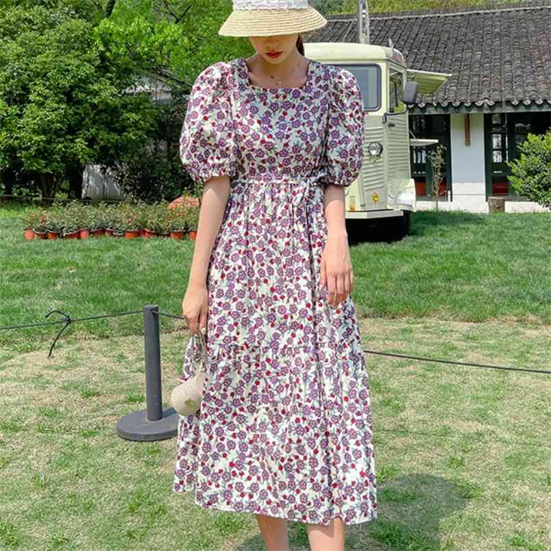 

Korean Elegant Flower Print Loose Vacation Dress Vintage Women Puff Sleeve High Waist Casual A Line Long Vestidos Robe 210519, Photo color