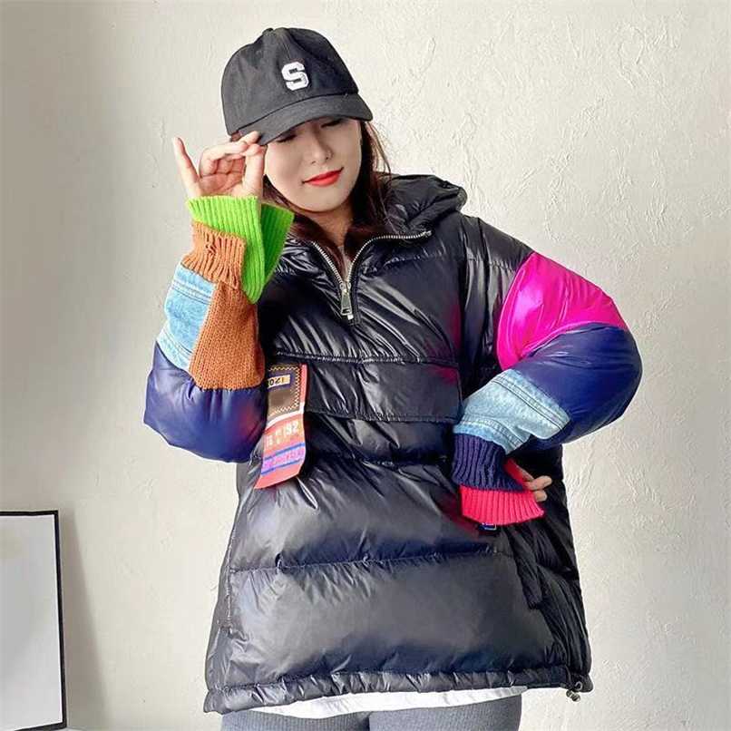 

White Goose down Women's winter jacket down jacket patchwork down jacket female denim cloth warm in winter 211108, Black