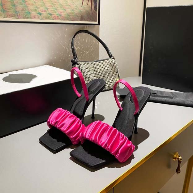 

Sexy women's designer slippers Fashion silk pleats One word high heel sandals Luxury runway party wedding shoes 35-43, Black