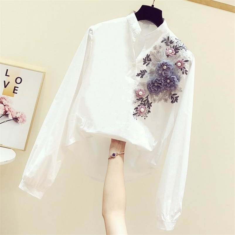 

Luxury Quality Autumn Women's V Neck Long Sleeves Embroidery Flower Beading Shirts Female Shirt Blouse Tops A3509 210519, Beige