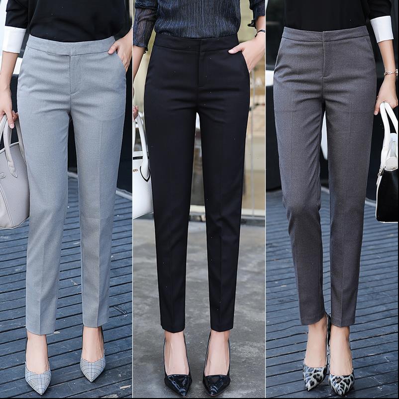 

women womens pants mid waist suit plus size casual work ol spring autumn career grey fashion trousers, Black;white