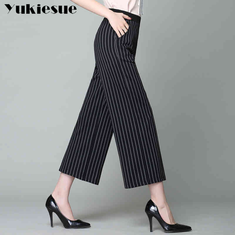 

striped Wide Leg Pants spring summer high Waist Zipper Fly Elegant Trousers Women' Work Wear Casual Pants Plus size 4XL 210519, Camel