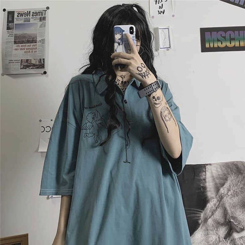 

Japanese kawaii print POLO T-shirt short-sleeved female summer Korean loose simple Harajuku lapel top preppy style streetwear 210526, Dark green