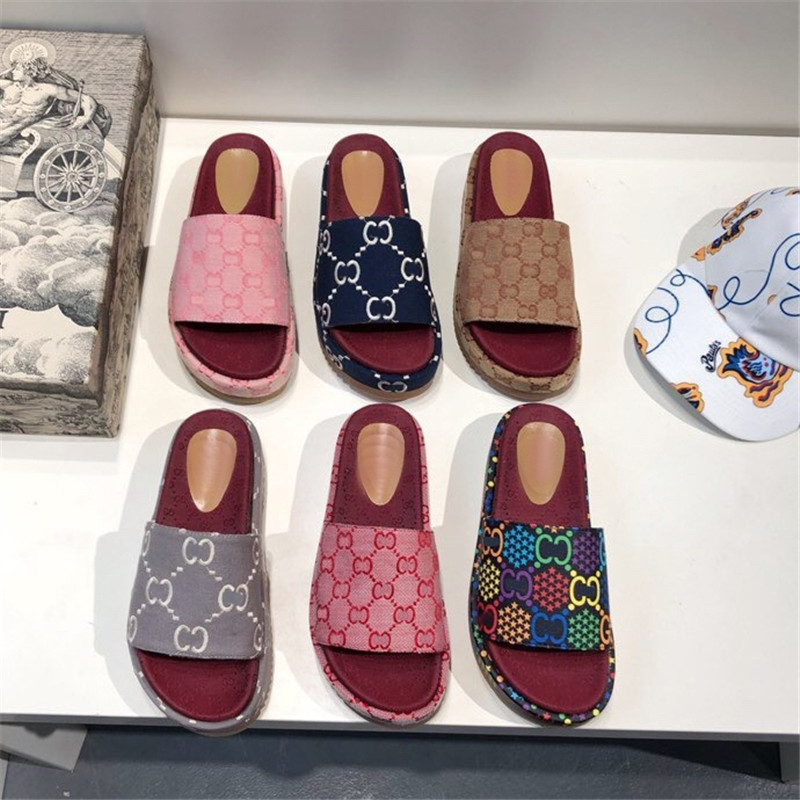 

2021 Designer Denim 60mm Height Sandals Beige Canvas Slippers Wide Strap Set on Platform with Rubber Sole Brick Red Original Slide Sandal