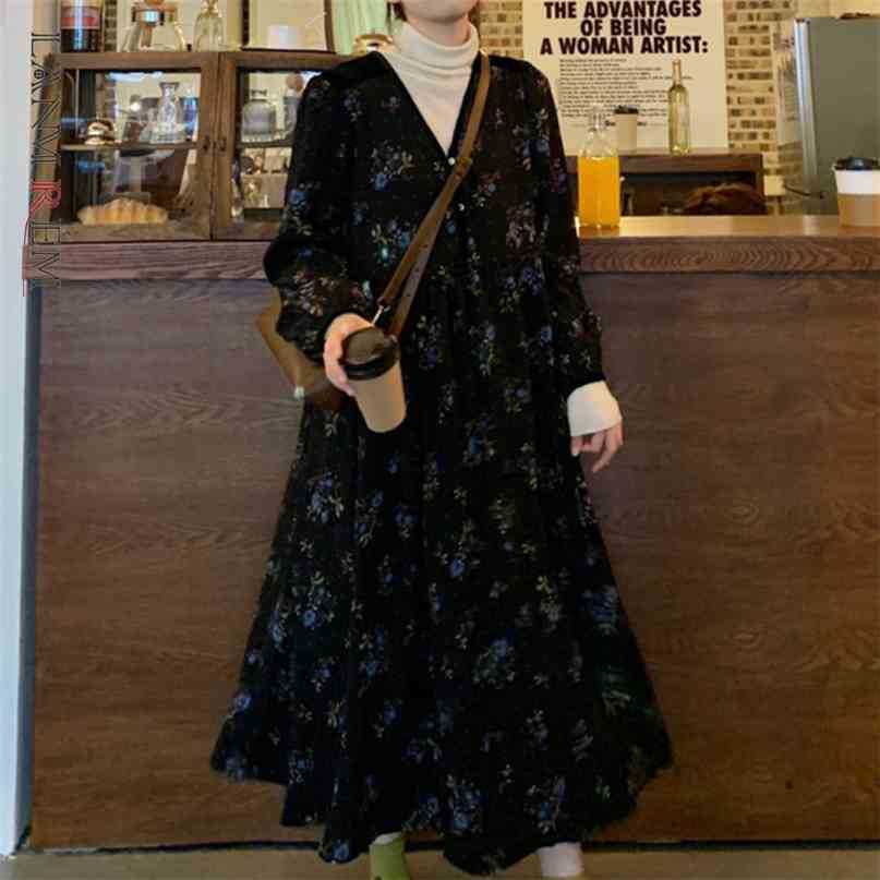 

Loose Floral Dresses Large Size V Neck Long Sleeve Women Spring Summer Casual Female Lady Streetwear Dress 2D1285 210526, As picture