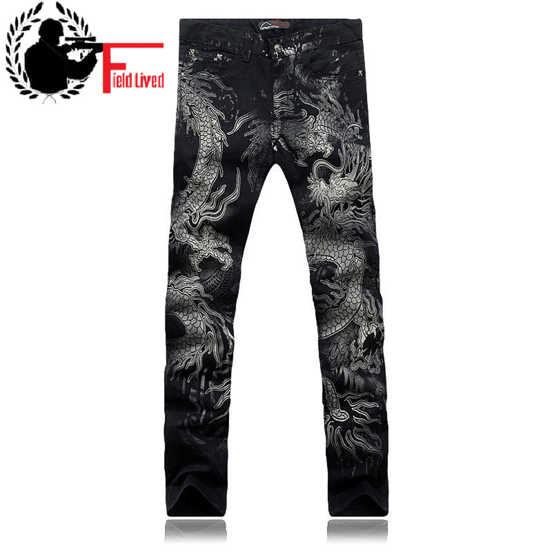 

Black Jeans Men's Cotton Dragon Pattern Brand Designer Mens Printed Jeans pants Slim Fit Denim trousers Joggers Male 210518