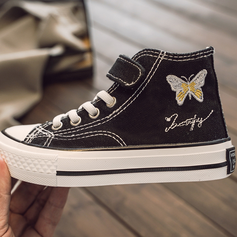 

Butterfly children' shoes kindergarten indoor shoes 2021 new high-top princess cloth shoes girls canvas, Black;grey