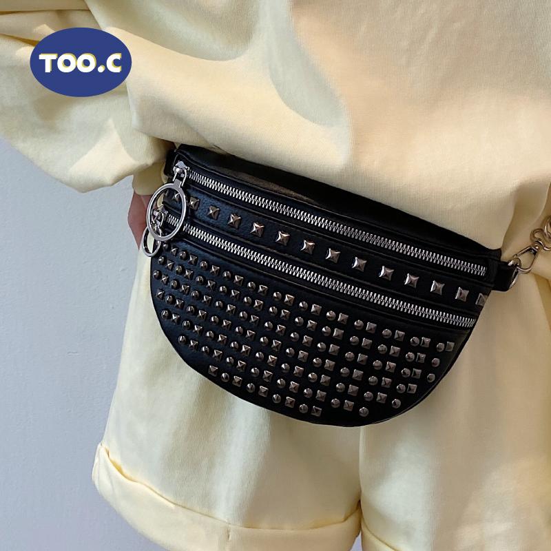 

Waist Bags 2021 Rivet Women Fanny Pack Plaid Leather Bag Black Shoulder Crossbody Chest Designer Handbags Female Belt