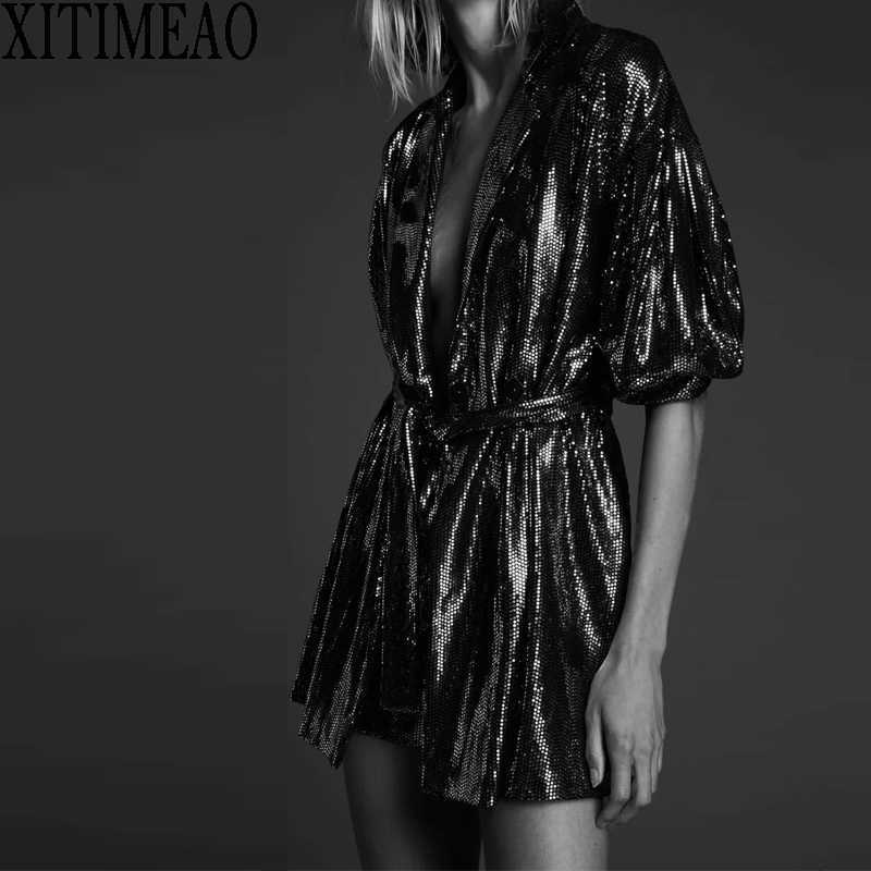 ZA Women Spring Sexy Sequins Jumpsuit Deep V-Neck Long Sleeve Shorts Romper Bodycon Trousers 210604-image-704233992